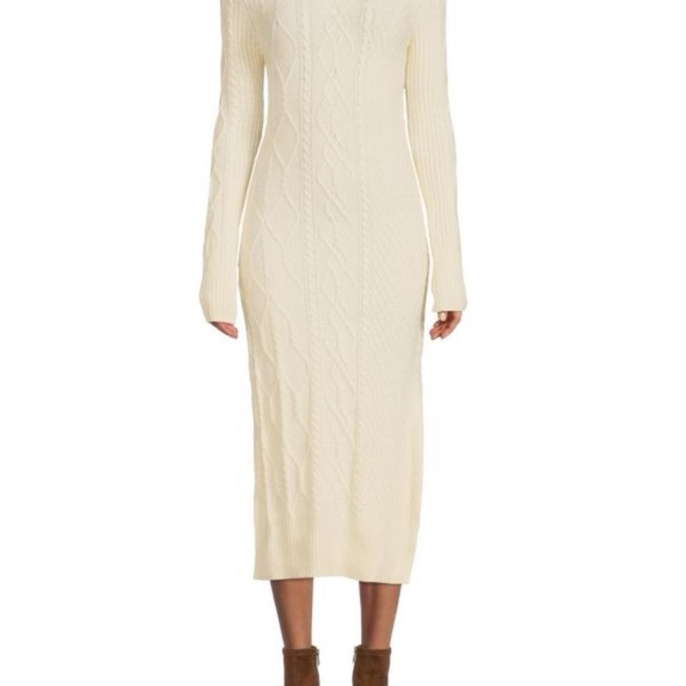 Cream Ribbed Turtleneck Long Sleeve Dress